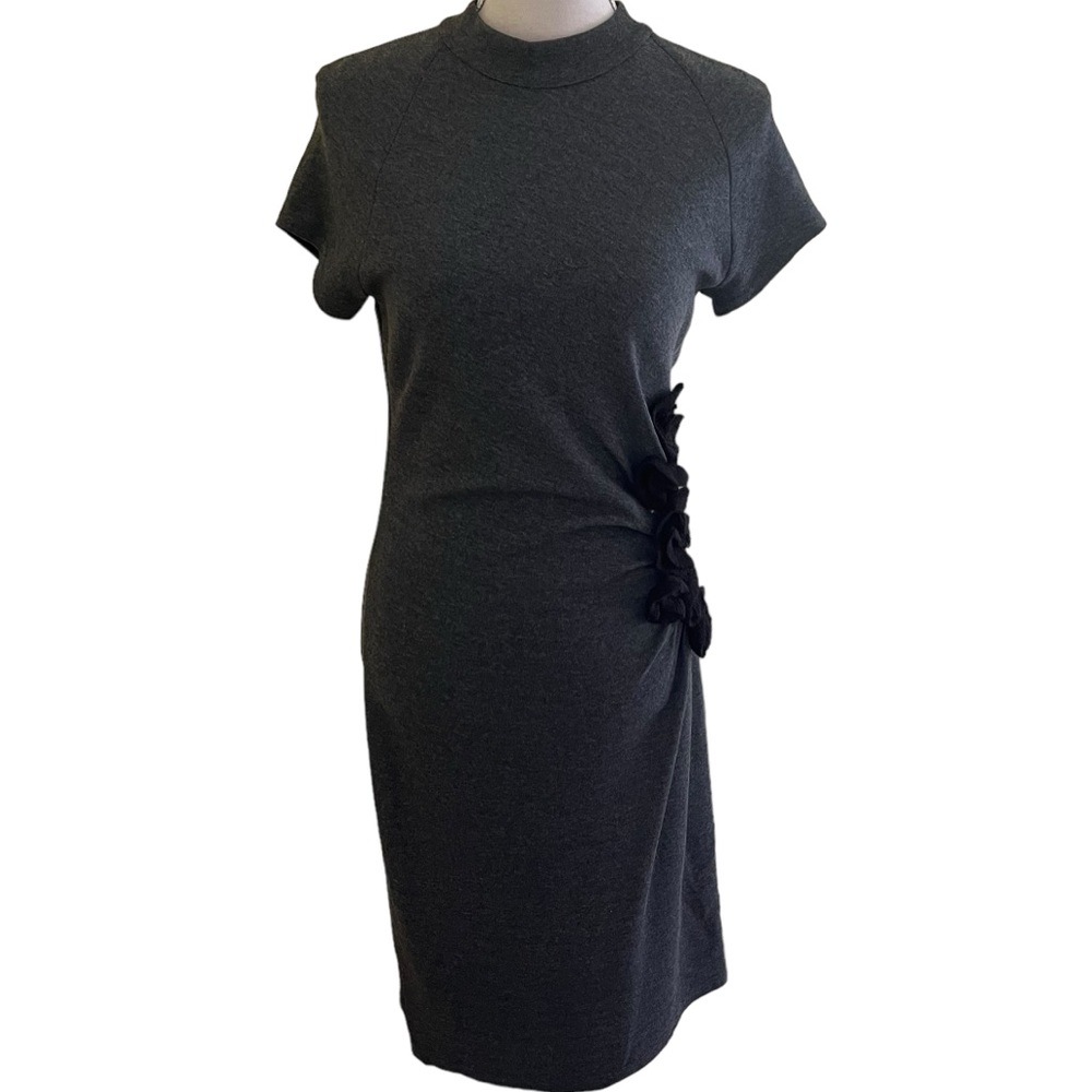Joseph Ribkoff Grey Mock Neck Short Sleeve Bodycon Dress with Flower Detail